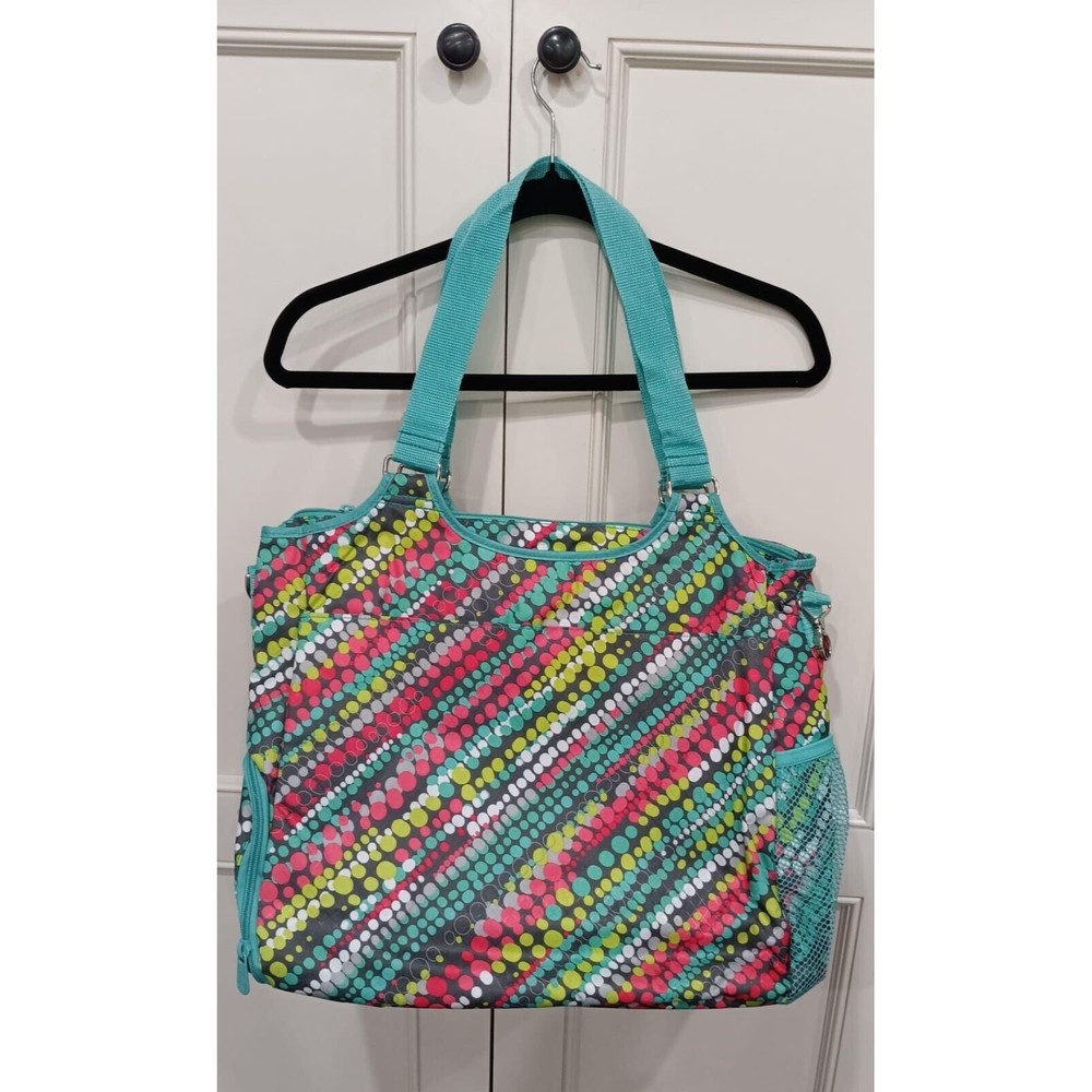 Thirty-One All Pro Large Tote gym bag multi pocket teal pink gray polka dots